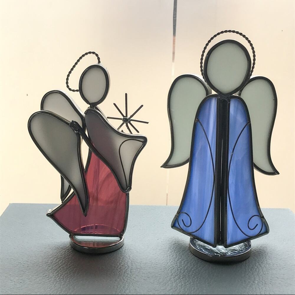 Vintage Two Handmade Angels Colored Glass Soldered Blue White & Red